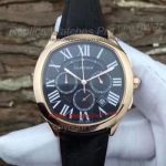 Copy Cartier Watch MTWTFSS Chronograph Rose Gold Case Black Dial Black Leather